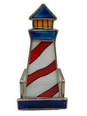 Lighthouse Stain Glass Tea Light Holder Blue Red White READ